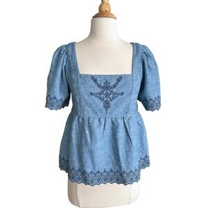 OLD NAVY Chambray Embroidered Peasant Top Smocked Back Flutter Sleeve Boho S NWT